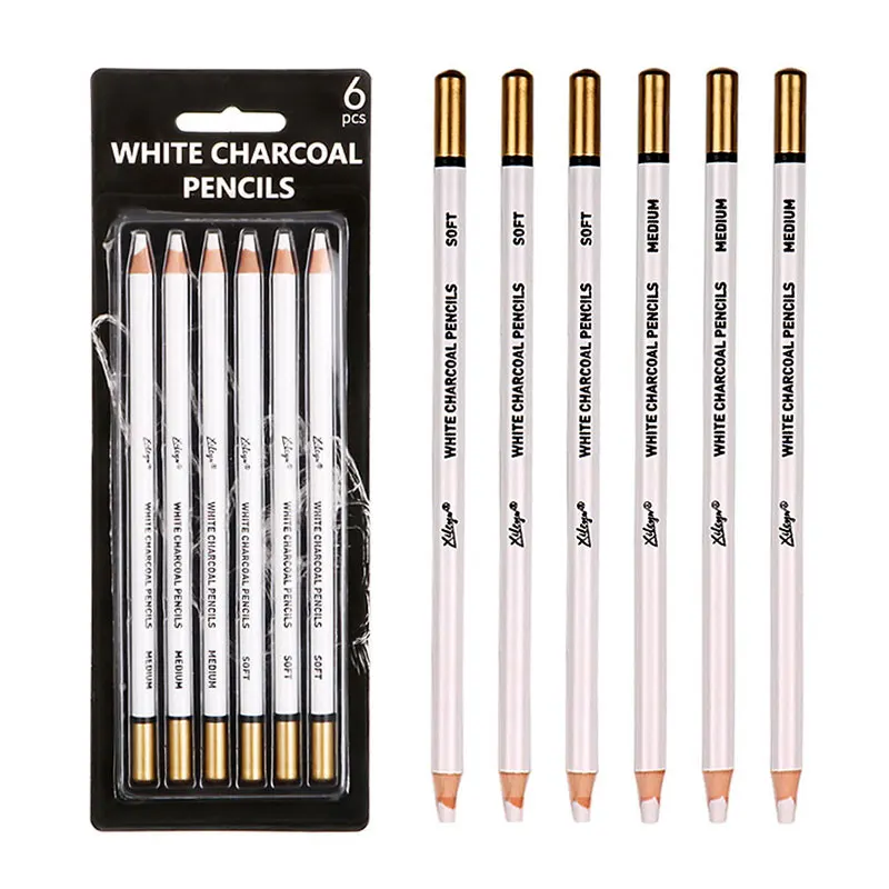 6Pcs Set White Charcoal Pencils 4mm Lead Core Soft Medium Highlight Processing Rendering For Art Sketching Drawing Stationery