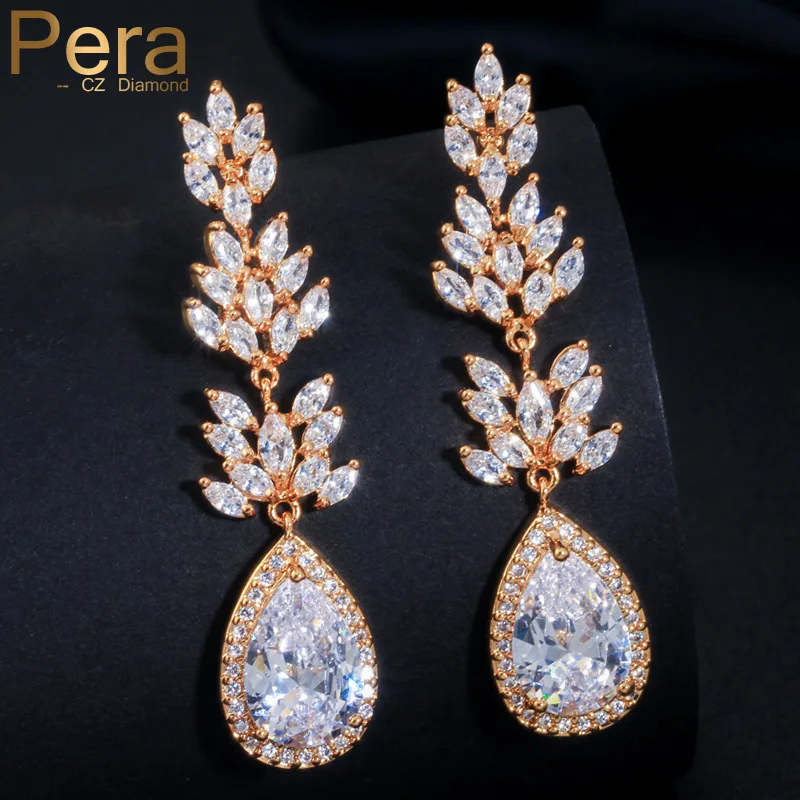 

Pera Luxury Gold Color Big Leaf Shape Cubic Zirconia Stone Pave Setting Long Drop Earrings for Female Valentine's Day Gift E234