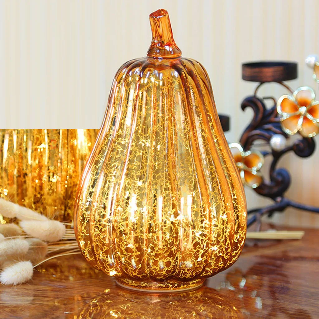 Glass Pumpkin LED Light Glowing Delicate Halloween Decorative Nightlight Party Supplies for Thanksgiving Halloween Decorations