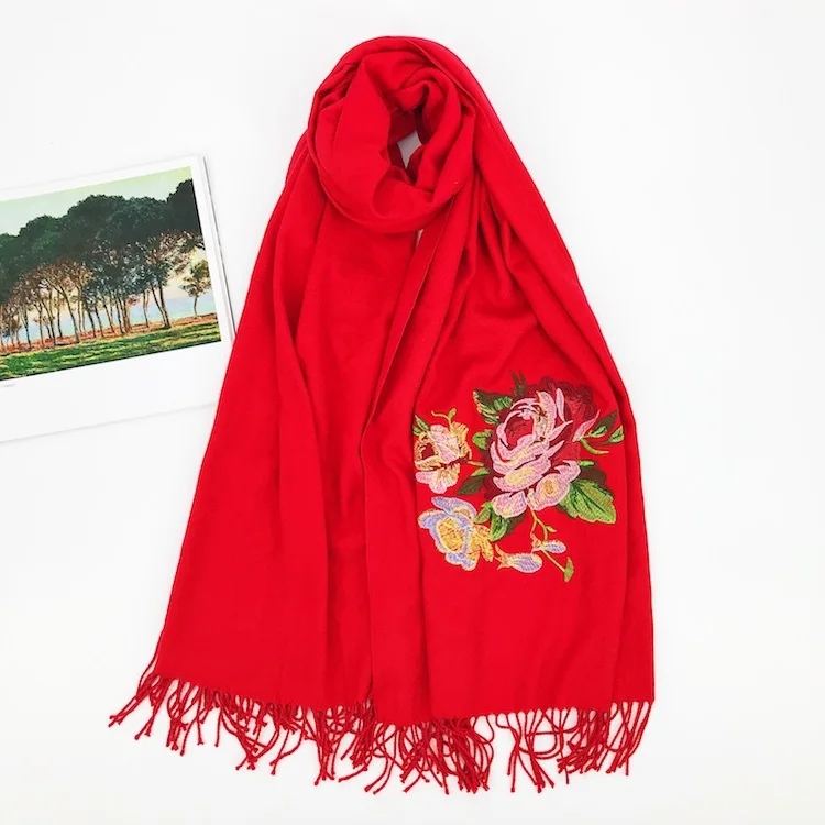 Luxury Brand Scarf Thick Winter Women Scarf Warm Cashmere Golden Peony Embroidery Tassel Shawl Wrap Blanket Hijab Scarf Pashmina