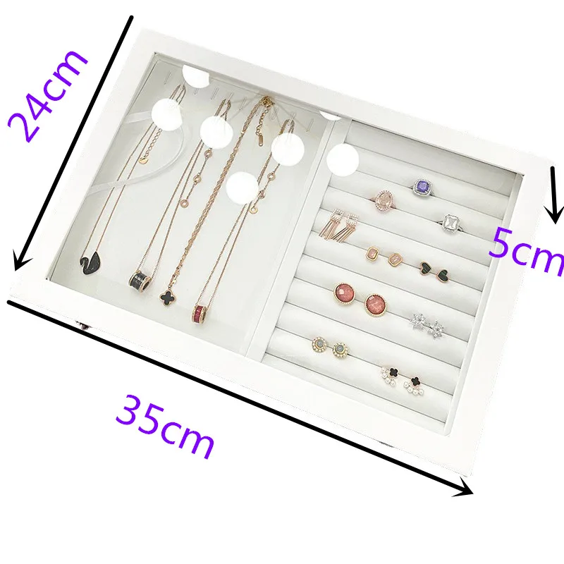 Big PU  white Carrying Case with Glass Cover Jewelry Ring Display Box Tray Holder Storage Box Organizer Earrings Ring Bracelet B