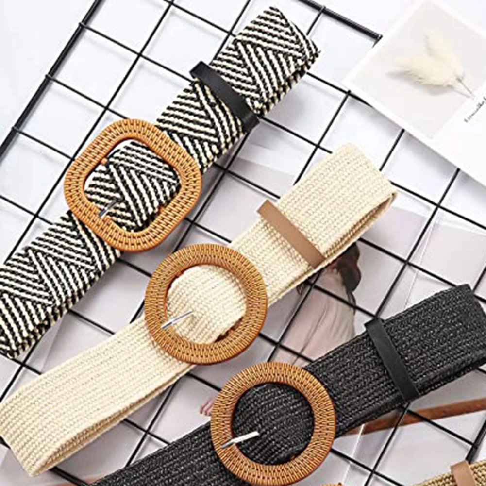 Boho Women Weaving Straw Elastic Waist Band Pin Buckle Belt Dress Jeans Decor Dress Belt Wooden Style Buckle Waist Dress Band