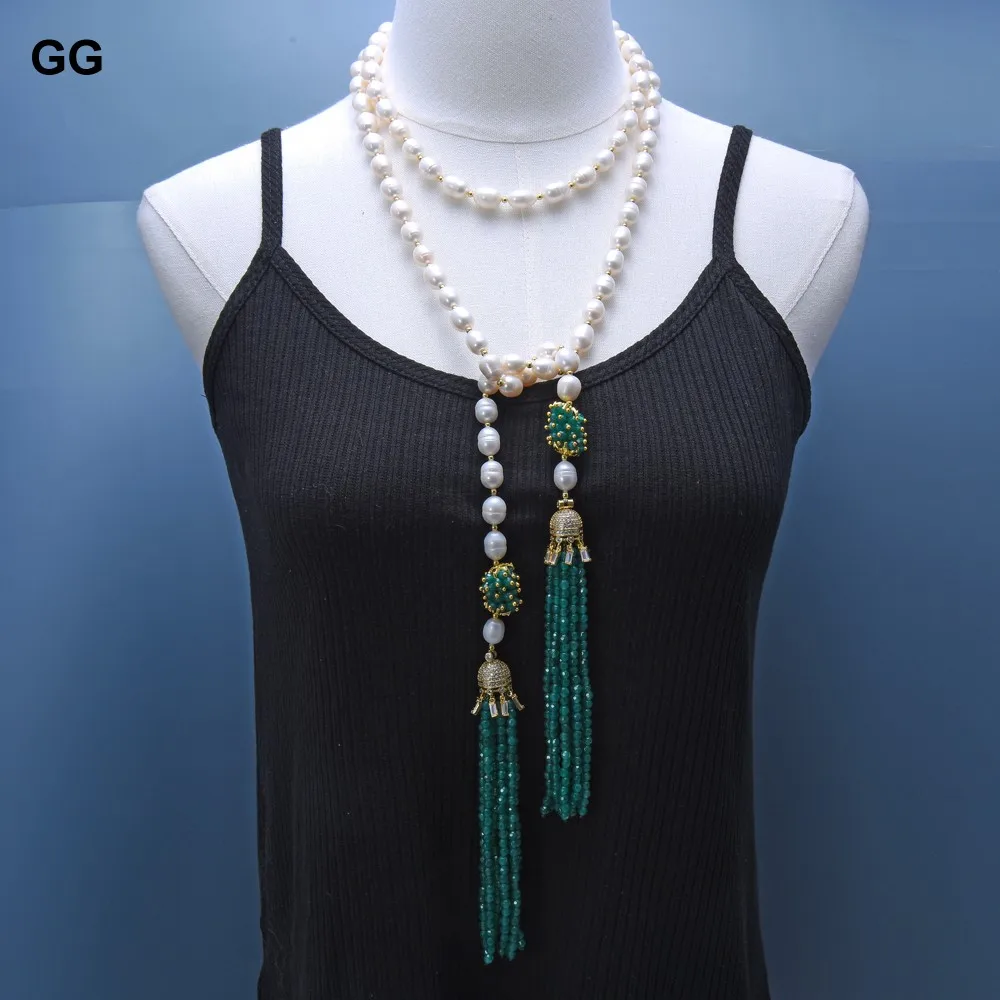 GG Natural White Rice Pearl Green Faceted Agate Tassel CZ Pave Pendant Long Necklace Sweater Chain Necklace For Party Women Gift