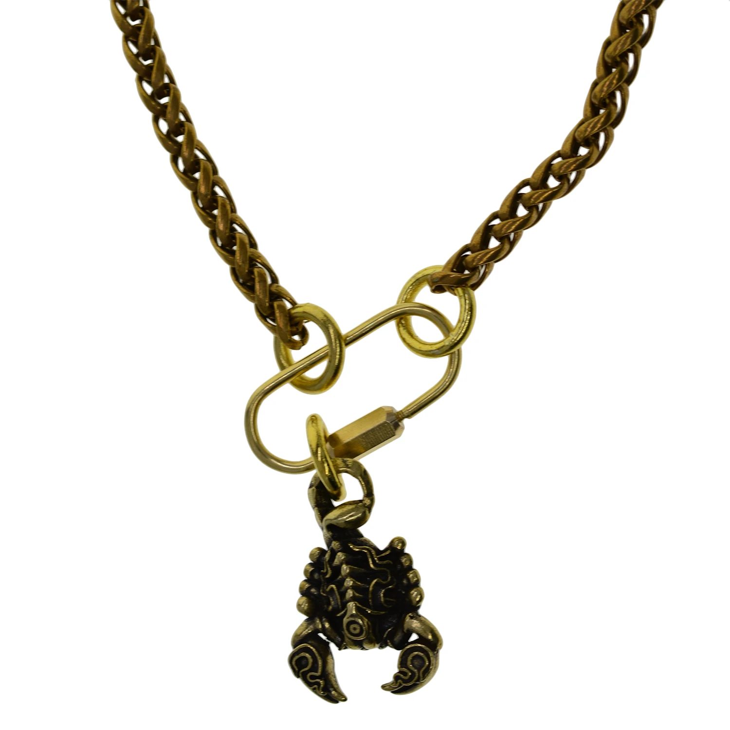 Steam punk retro brass classic fine wheat chain necklace with screw lock clasp and Scorpion pendant ready to wear gift