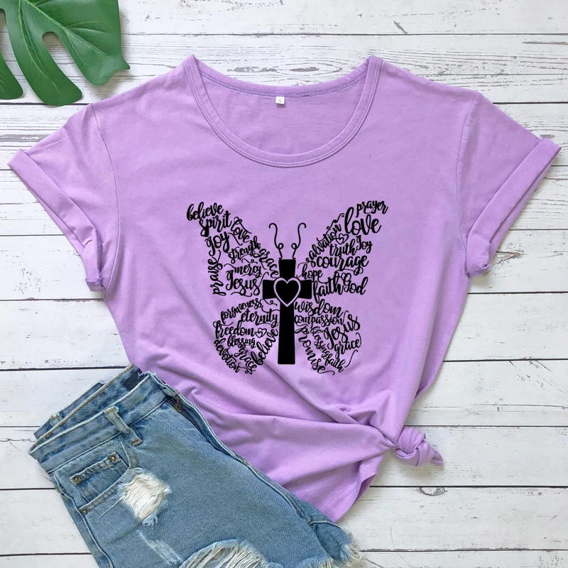 Christian Butterfly Cross T-shirt Scripture Faith Based Womens Tee Shirt Top Trendy Summer Religion Graphic Tshirt Dropshipping