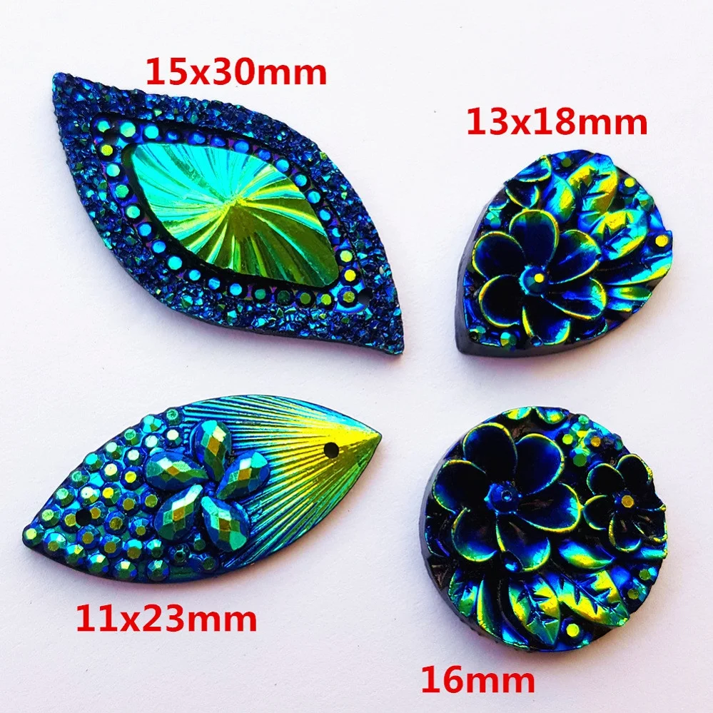 100Pcs 4 Shape,15x30mm,13x18mm,11x23mm,16mm,Mix Sew-on Blue Stones and Crystals Rhinestones Blue AB Diy For Sewing Accessories