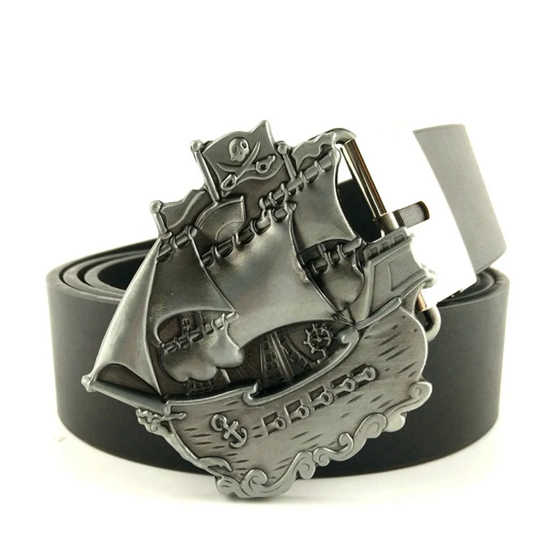 

Western Cowboy Black Men Belts with Cool Pirate Ship Metal Antique Silver Buckle Waist Belt Fashion Male Gift Accessories