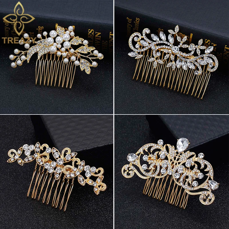 TREAZY Gold Color Wedding Hair Combs For Women Headpiece Crystal Pearls Hairpins Bridal Hair Accessories Party Hair Jewelry