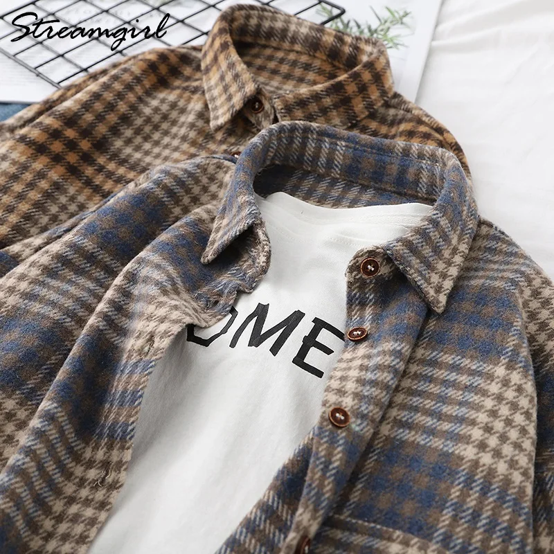 Women Woolen Plaid Shirt Oversize Women\'s Blouse Autumn 2023 Loose Thick Oversized Shirt Plaid Winter Warm Shirt Coat Woolen