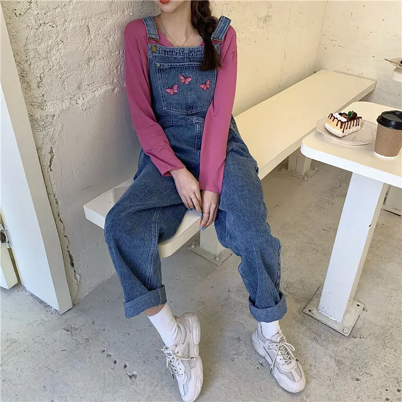 Jumpsuit Wanita Chic Kupu-kupu Bordir Korea Retro Denim Lurus Pinggang Tinggi Pakaian Wanita Saku Trendi Gadis Streetwear