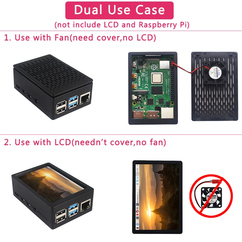 Raspberry Pi 4 ABS Case Dual Use with LCD or Fan Plastic Shell for Raspberry Pi 4 Model B