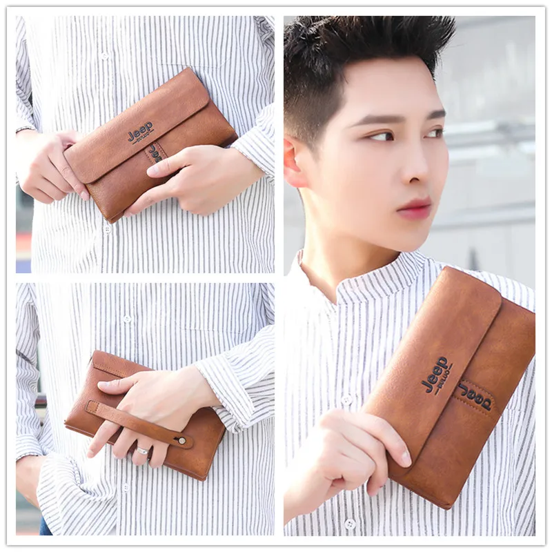 JEEP BULUO Mens Wallet Clutch Bag PU Leather Coin Purse Long Fashion Handbag Business Style Men\'s Card Bags Soft Key Bag