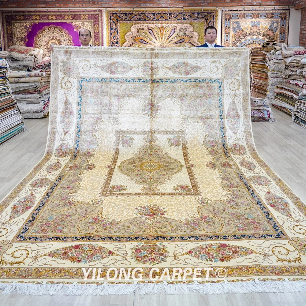 9x12ft Traditional Handmade Persian Silk Rug Classical White Floral Carpet (ZQG624A)