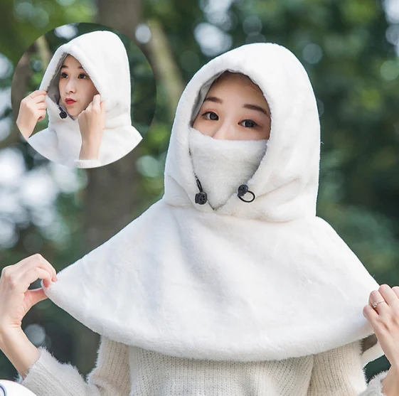 

Four in One Cloak Shawl Plush Women Cycling Windproof Cover Face Outdoor Thickened Autumn And Winter Women's Hat White