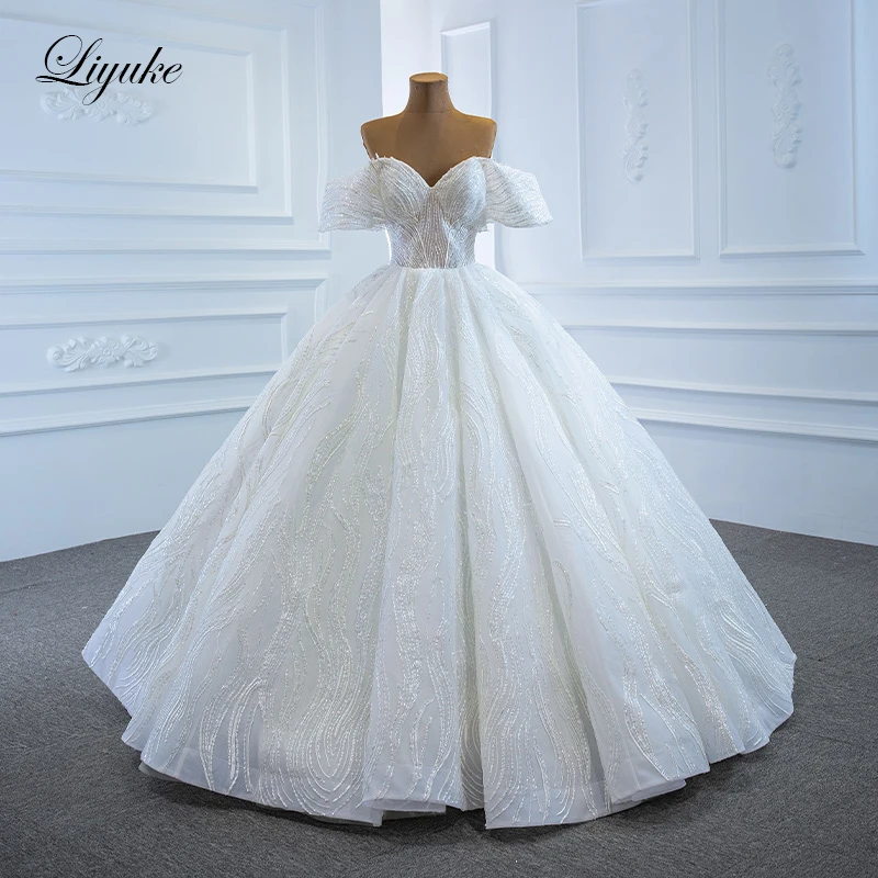 Liyuke Sweetheart Neck Off The Shoulder Ball Gown Wedding Dress With Silk Lace Sleeveless Floor Length Corset Closure Back