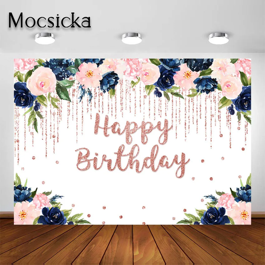 

Mocsicka Navy and Blush Floral Backdrop Navy Blue Blush Pink Rose Gold Glitter Birthday Party Decoration Photography Background