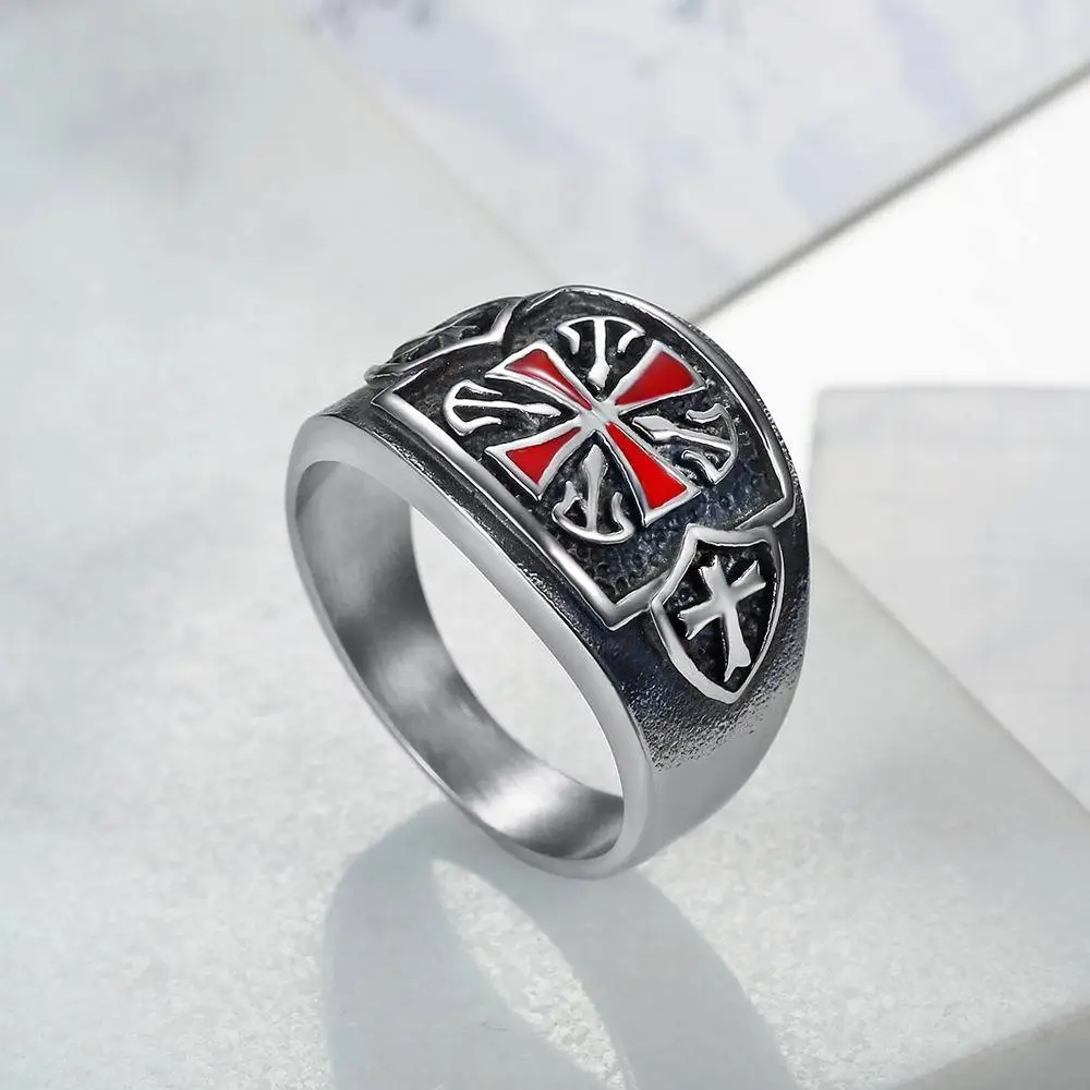 Drop shipping US Size 7 - 14 Stainless steel Red Armor Shield Knight Templar Crusade Cross Ring Medieval Signet Retro Vintage