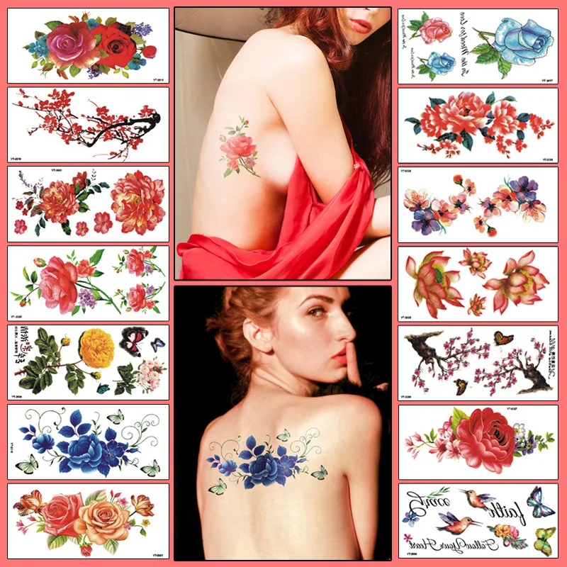 Varity Flowers Patterns Lady Disposable Body Tattoo Flower Party Waterproof Temporary Tattoo Stickers Onetime Tatuajes 19cm