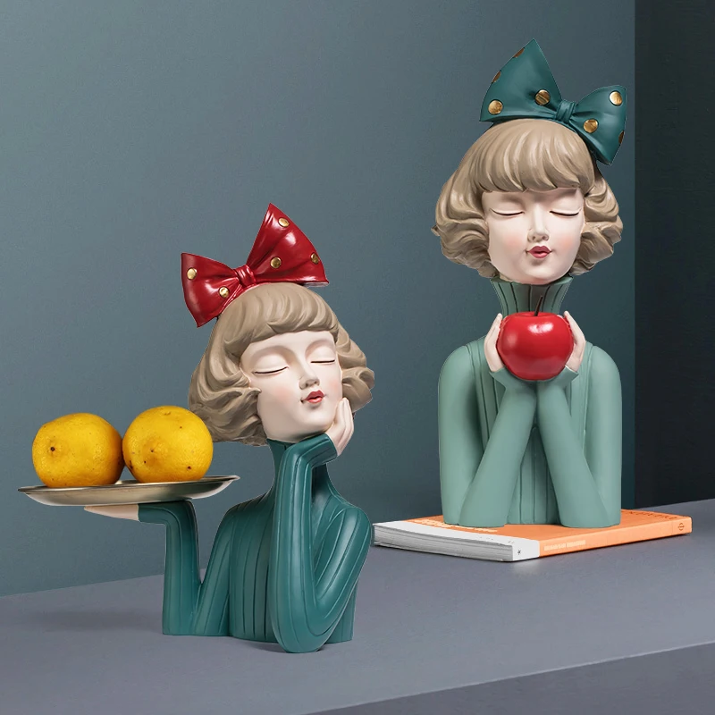Linda estatua de niña moderna de resina, decoración artesanal para el hogar, figuritas de mesa para sala de café, regalo de boda, accesorios de placa de almacenamiento