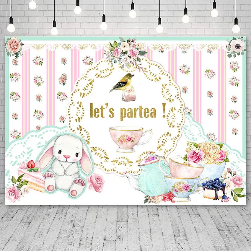 Avezano Photography Backgrounds Lets Partea Party Banner Rabbit Tea Set Flowers Backdrops Photo Studio Photocall Photozone Decor