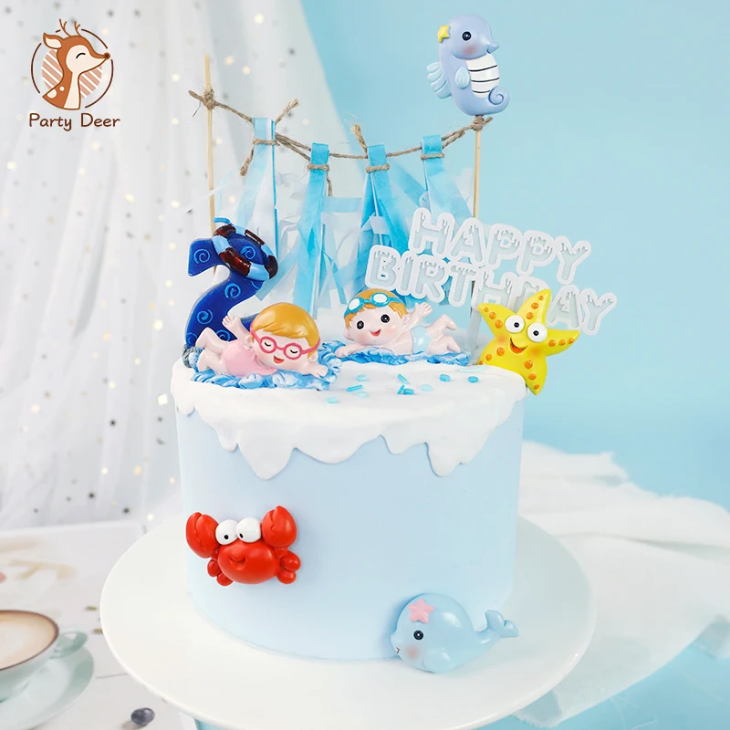 factory wholesale cake topper with various sea animal shape self-inflated foil stick resin for kids toy or party decoration