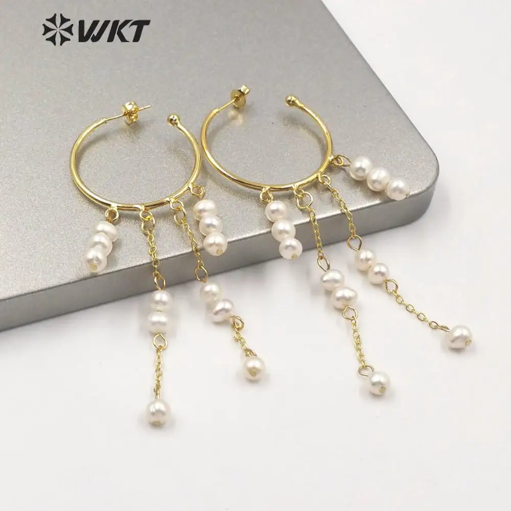 WT-MPE034 Popular Round Hoop Push Back Long Danglr Earrings New Come Elegant Women Freahwater Pearl Dangle Earrings Italy Design