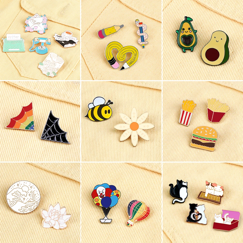 2-5Pcs/Lot Cute Enamel Pins Cute Bee Hot Air Balloon Hamburger Brooches Fashion Coat Lapel Pin Badges Jewelry Gift for Friend