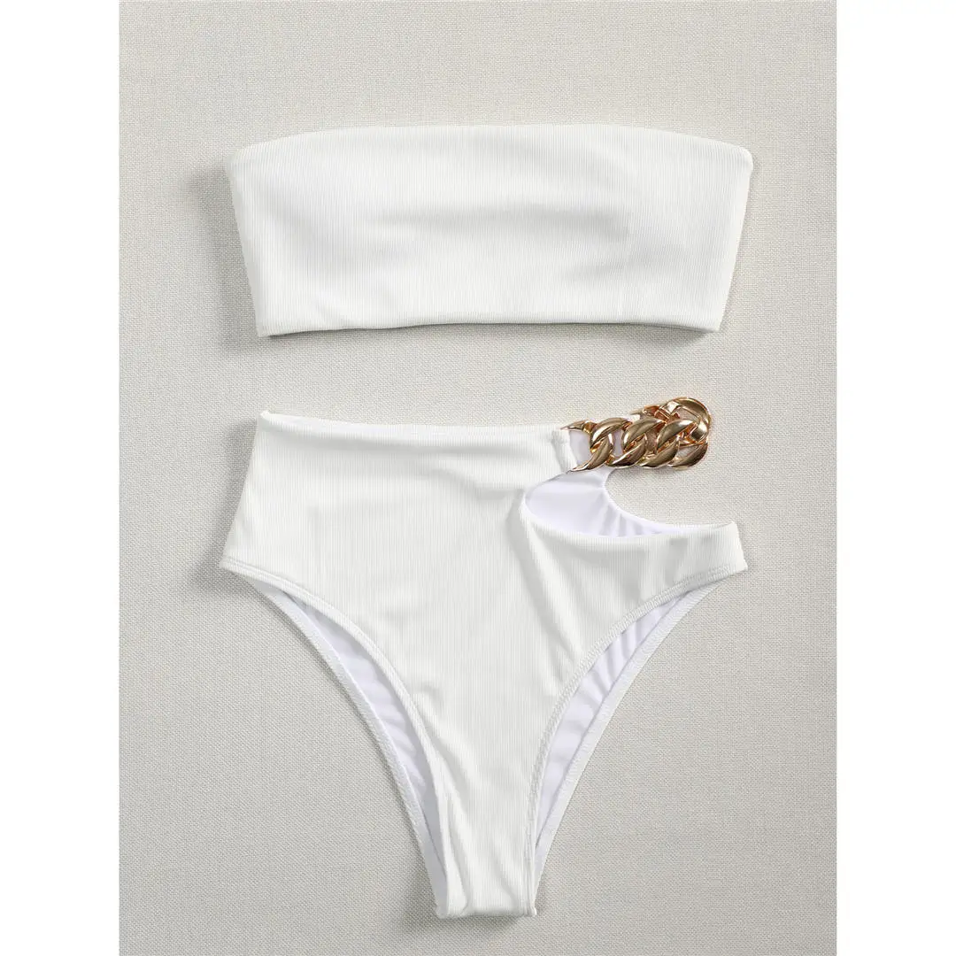 Maillot de bain deux pièces brillant, Bandeau, taille haute, avec ceinture, pour femmes, ensemble Bikini, sans bretelles, pour baigneurs