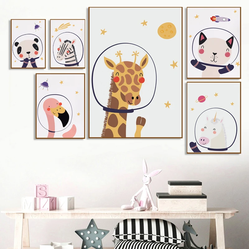 Canvas Print Painting Space Astronaut Giraffe Panda Zebra Wall Art Nordic Poster Wall Pictures Baby Room Decor