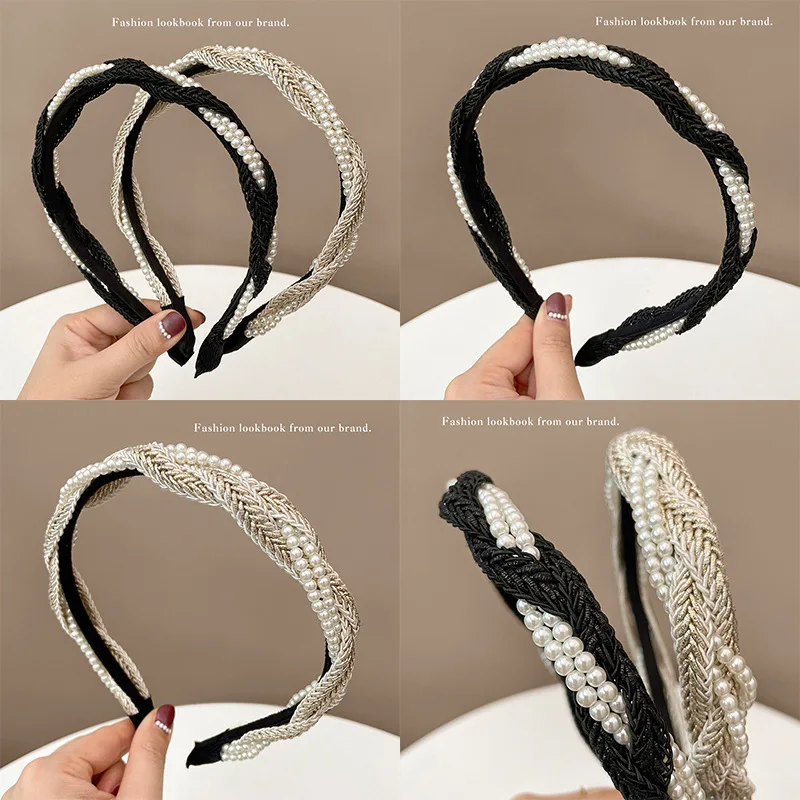 French Pearl Braided Bezel Hair Band Elegant Women\'s Pure Color Pleated Headband Fashionable Girl\'s Hair Hoop Hair Accessories