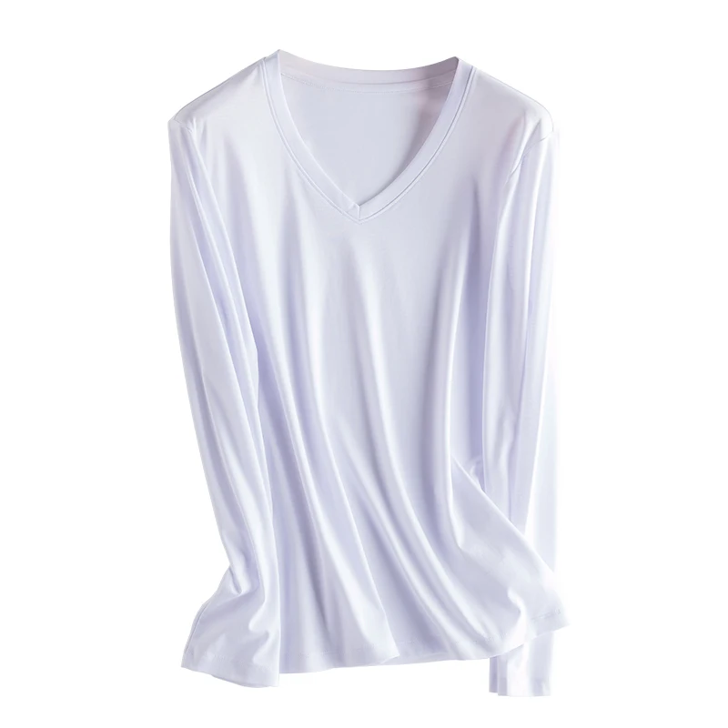 SuyaDream Women Solid T Shirts Silk Cotton Blend Plain O Neck Long Sleeved Tee 2025 Spring Autumn Basic Top White Black
