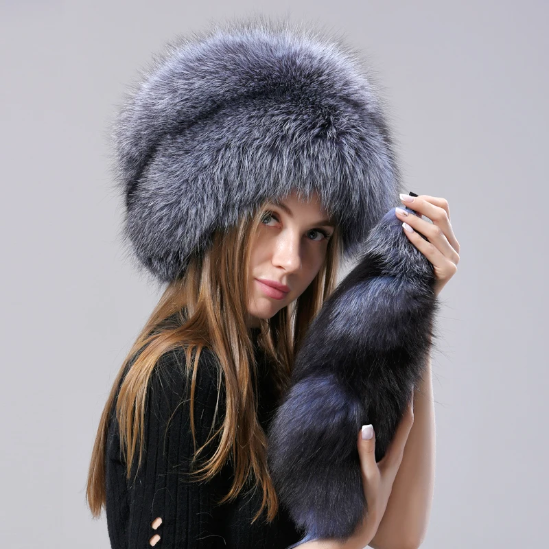 

Natural Fox Fur Russian Hat Ushanka Women Winter Warm Fluffy Popular Style Female Tail Cap Fashion Real Fur Hats