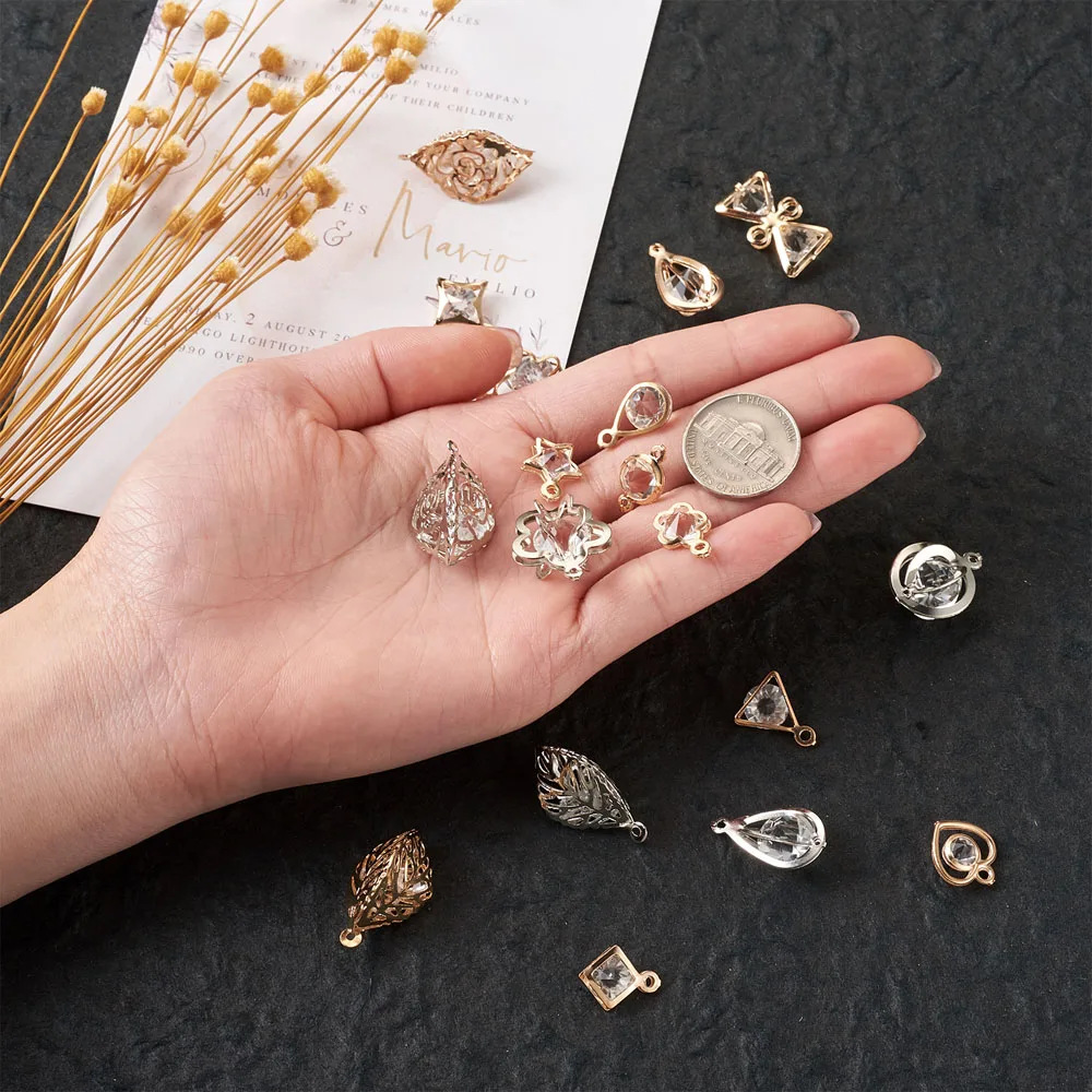 120pcs/box Iron Pendants & Links with  Rhinestone inside for Jewelry Making DIY Mixed Shapes Mixed Color