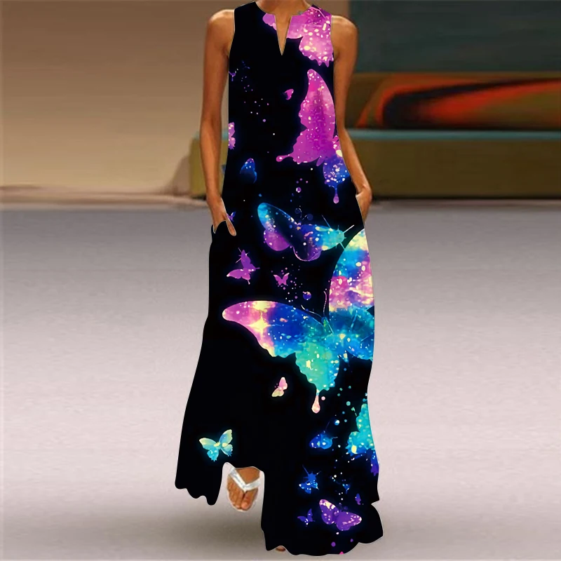 Butterfly Reflective Print Black 3D Dress Summer Beach Casual Plus Size Dresses Woman Elegant Sleeveless Girls Long Dress Women