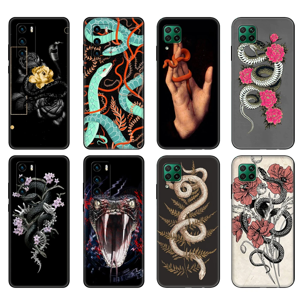 Black tpu Case For Huawei P30 Lite P30 Pro P40 Case For Huawei P40 LITE E P Smart 2020 Case Cover Snake Flower Painting Coque