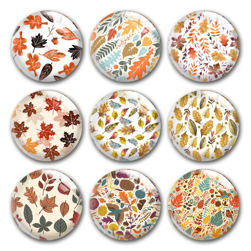 Handmade Thanksgiving Fall Autumn Leaf Harvest Round Photo Glass Cabochons Demo Flat Back DIY Jewlery Making Findings Accessory