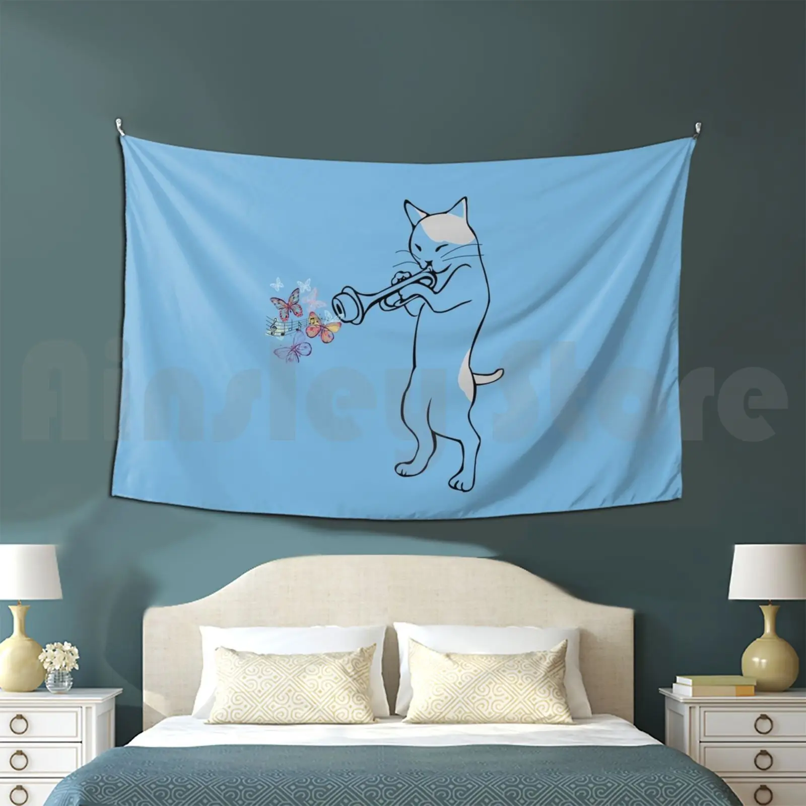 Jazz Cat Playing Trumpet Tapestry Living Room Bedroom Bebop Jazz Jazz Miles Davis Butterflies Cat Music Cute