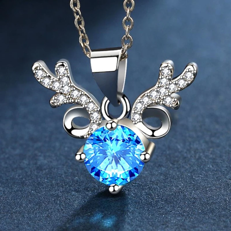 2021 New Shiny Crystal Blue Deer Pendant Necklaces Girl Jewelry Vintage S Necklaces Women Silver Plated Choker Cute Animal Bijou