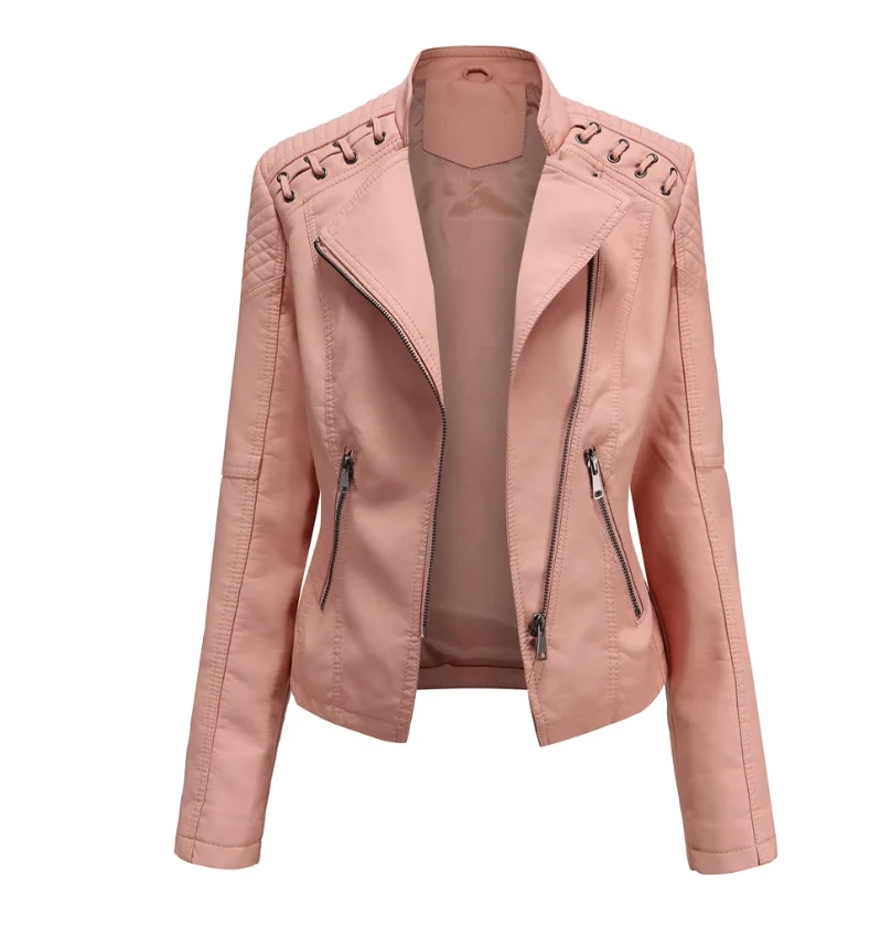 Spring and Autumn Women\'s High Quality Ladies Zipper Leather Jacket Spring Fashion Slim Short Jacket Ladies Motorcycle Jacket