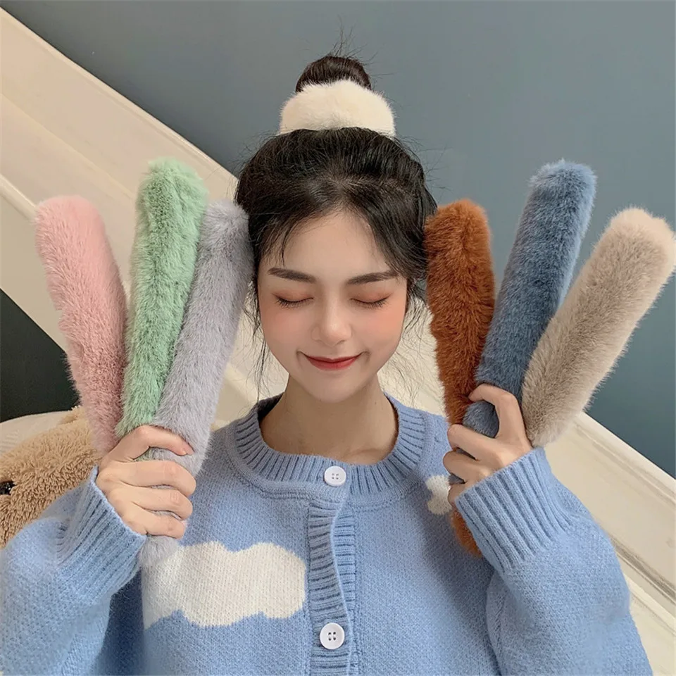 Sweet Winter French Magic Bun Maker Faux Rabbit Fur Elastic Hair Band Ring Womens Girls Plush Ponytail Holder Hair Accessories