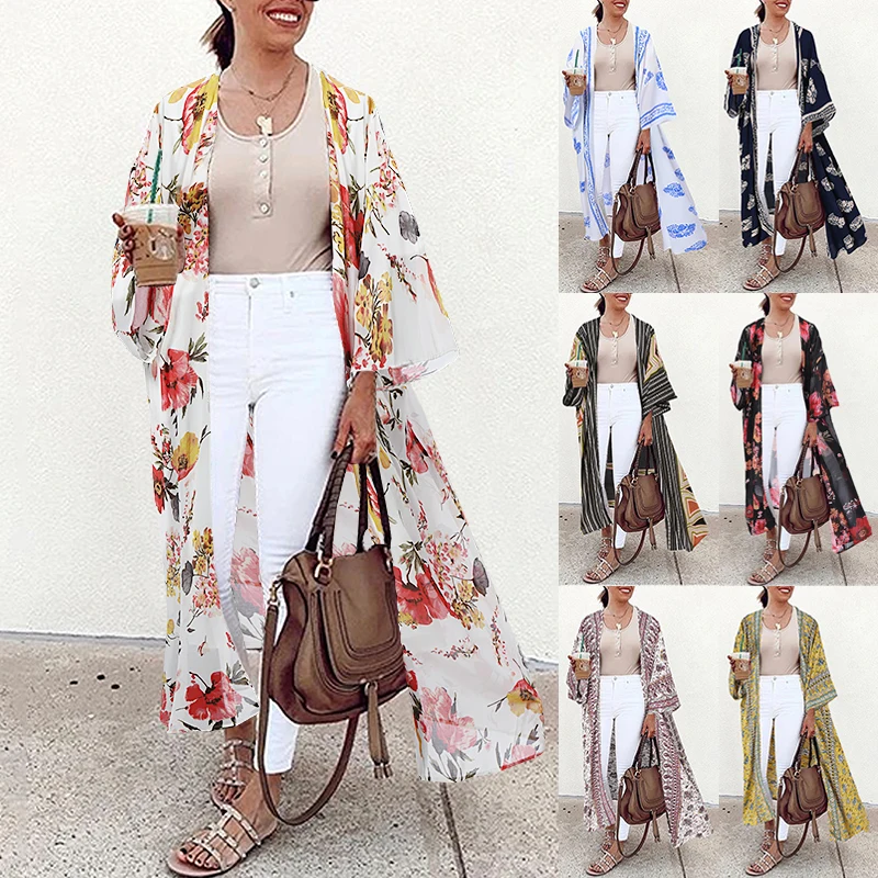 2023 ZANZEA Holiday Open Front Cardigan Floral Printed Kimono Woman Casual  Long Sleeve Cover Up Tops  Tunic Blouses