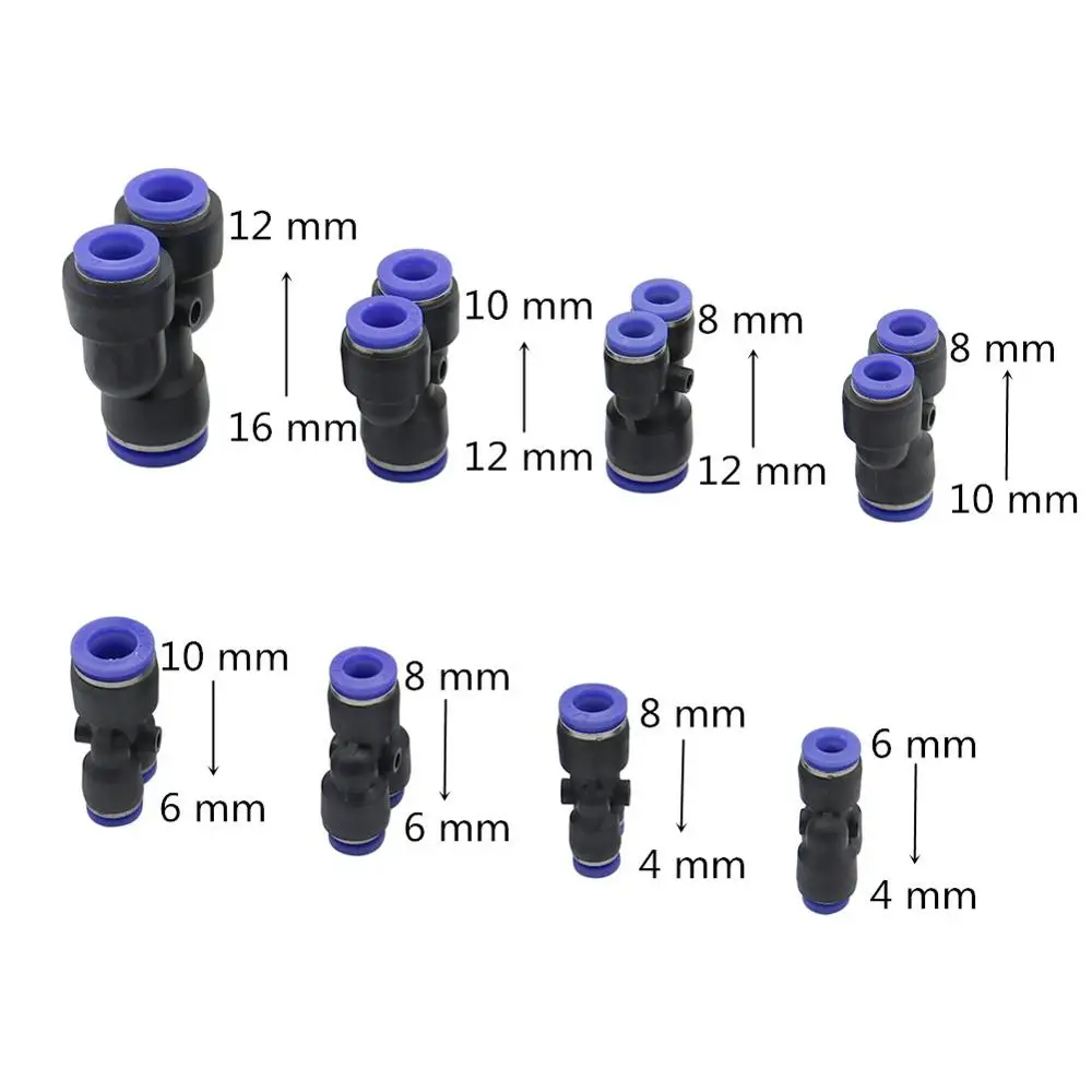 PW type 3 Way Port Y Shape Air Pneumatic Reducing Connector 4/6/8/10/12/16mm OD Hose Tube Push in Gas Plastic Pipe Fitting 4 Pcs