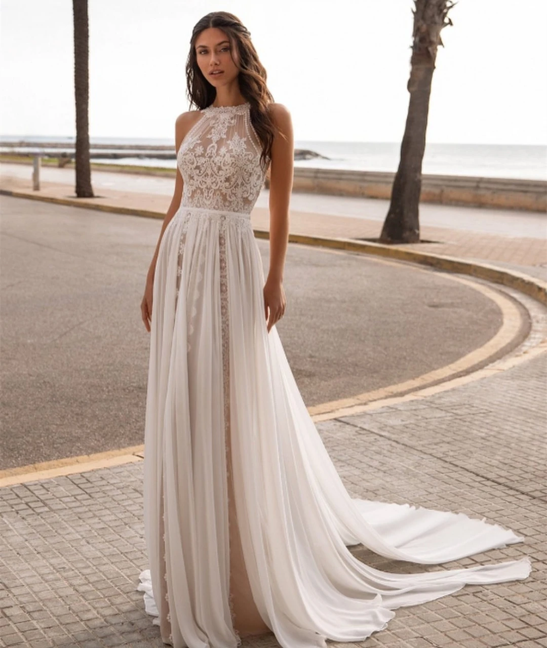 

Beach Muslim Wedding Dresses A-line Sweep Train Chiffon Appliques Lace Boho Wedding Gown Bridal Dress Vestido De Noiva