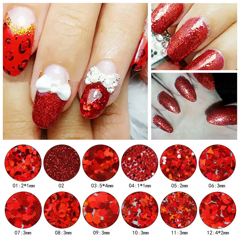 Czerwony 12 modeli Nail Glitter Patch proszek pigmentowy holograficzny pył Manicure Nail Art paznokcie z brokatem artystyczna dekoracja narzędzia