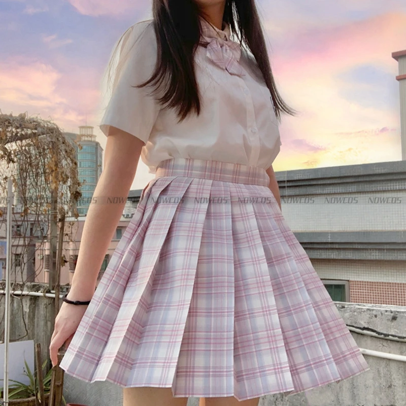 [O Sonho] Longo/Manga Curta Verão Cintura Alta Rosa Xadrez Saias Plissadas Mulheres Vestido JK Uniforme Escolar Estudantes Meninas Roupas