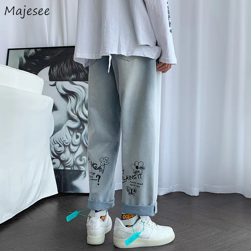 Men Jeans Floral Print Loose Straight Retro Trendy Males Baggy All-match Leisure Chic Denim Trousers Punk Korean Style Cowboy