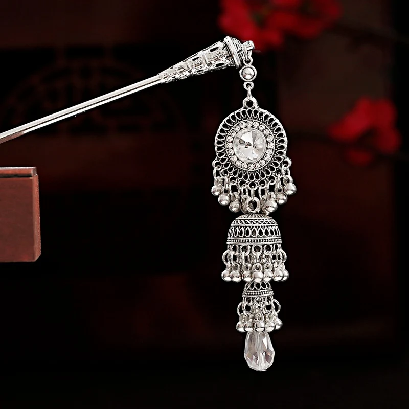 Ethnic Women\'s Vintage Tibet Silver Color Alloy Bells Hairpin Horquillas Classic Elegant Long Tassel Hair Fashion Accessories