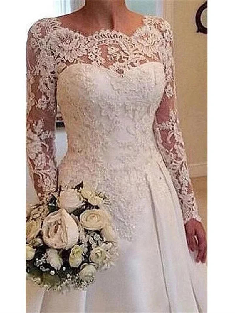 Robe de Mariée en Satin, Ligne A, Dos aux, Col Rond, Dentelle, Appliques Transparentes, Manches sulf, Grande Taille, Traîne de Balayage, Personnalisée, #9723