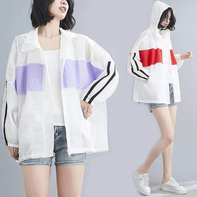 

New Women Plus Size Sun Protection Clothing Fashion Hooded Color Matching Air-conditioning Shirts Summer Sun Protection Clothing