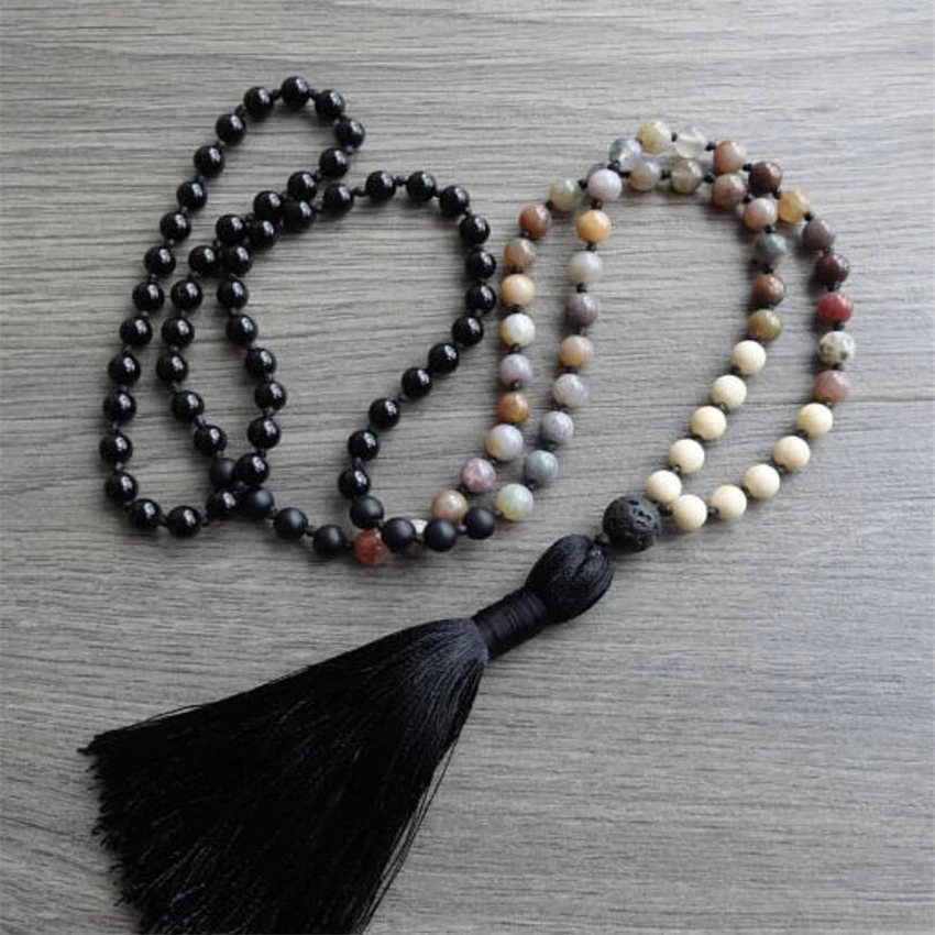 

8mm 108 obsidian Indian agate gemstone Tassel Mala necklace Gemstone Lucky energy pray Tassel chain Meditation spirituality Men